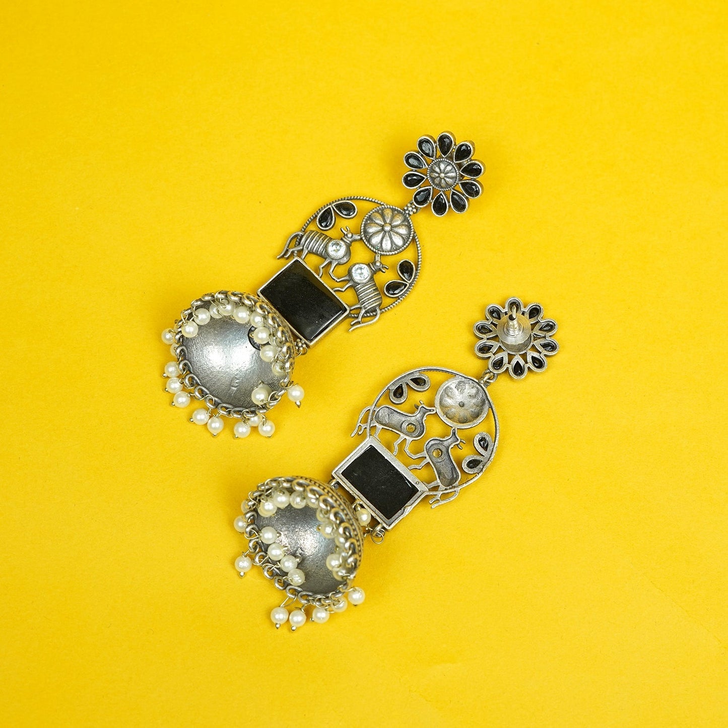 Zevar Club Oxidised Silver-Plated Black Stone & Pearl Beaded Jhumkis Earrings