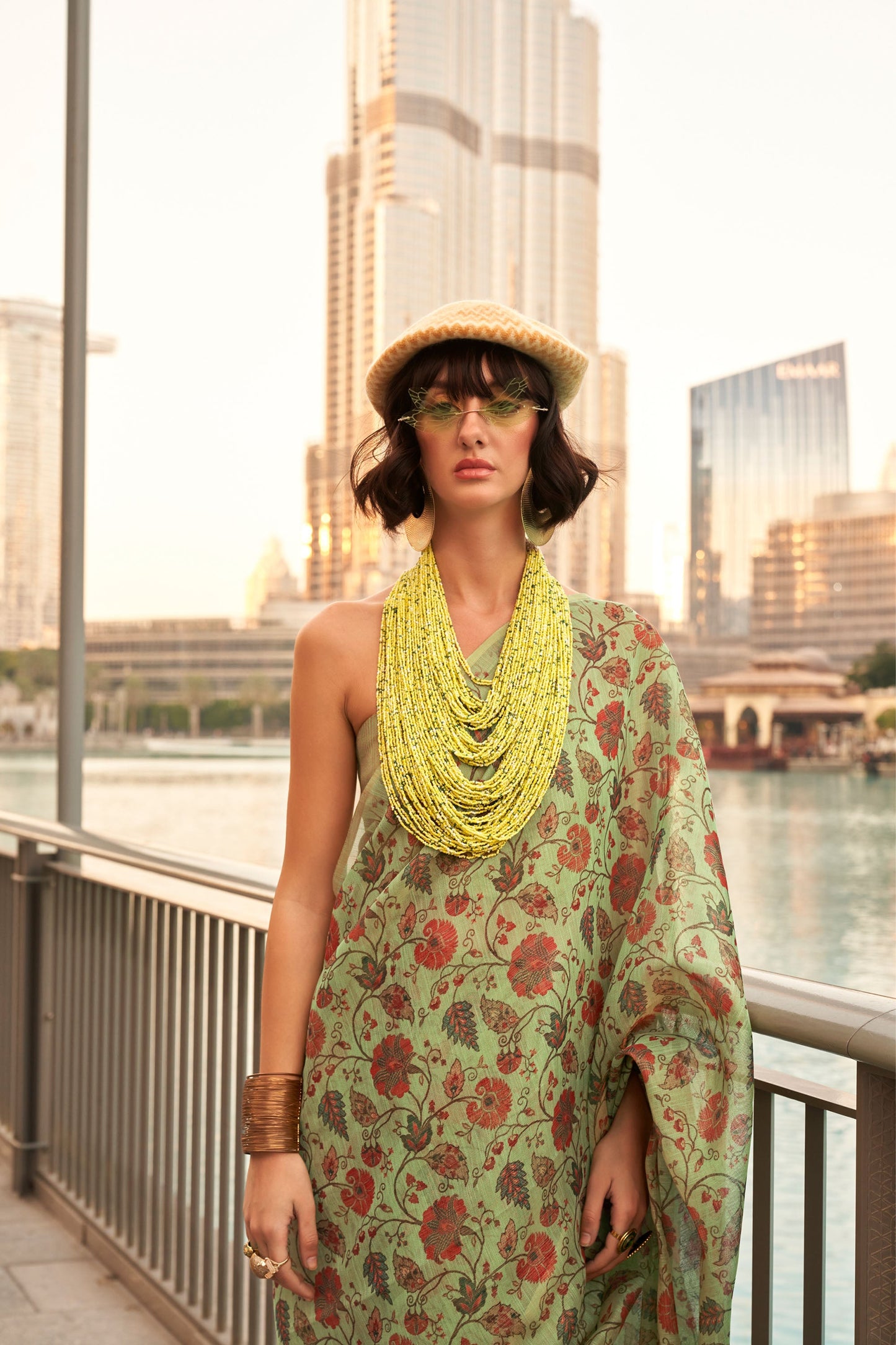 Olive Green Keeyah Printed Handloom Zari Tissue Saree