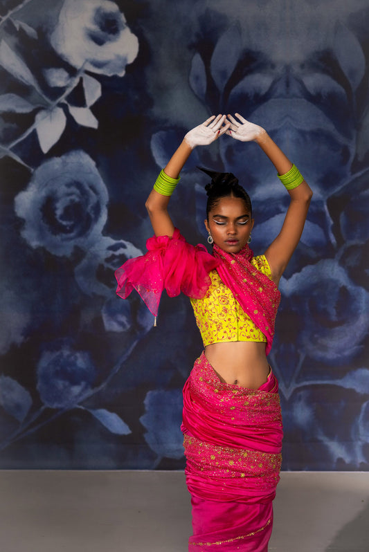 Pink and Green Chanderi Vastralekha Saree