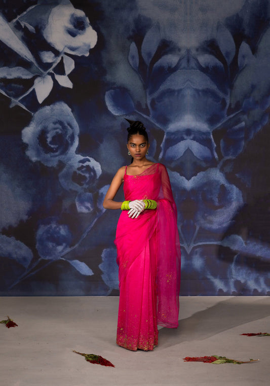 Pink Chanderi Hand Embroidered Vastralekha Saree