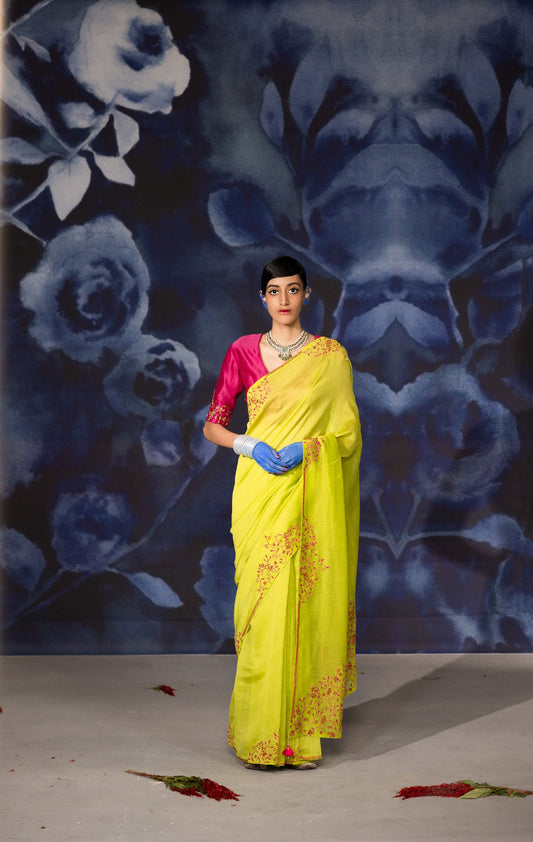 Green and Pink Chanderi Hand Embroidered Vastralekha Saree