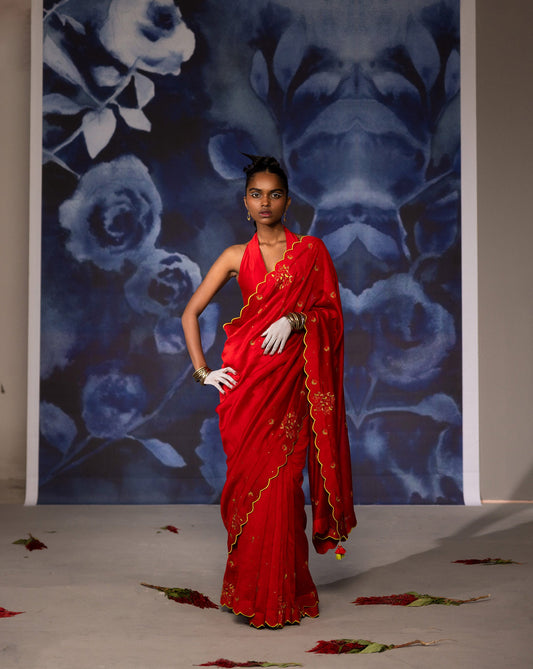 Red and Green Chanderi Hand Embroidered Vastralekha Saree