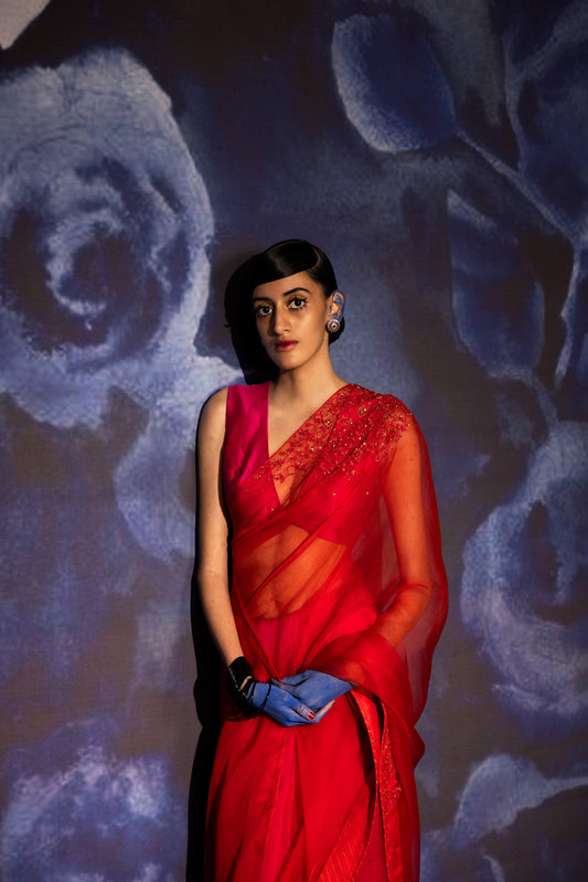 Pink and Red Vastralekha Saree