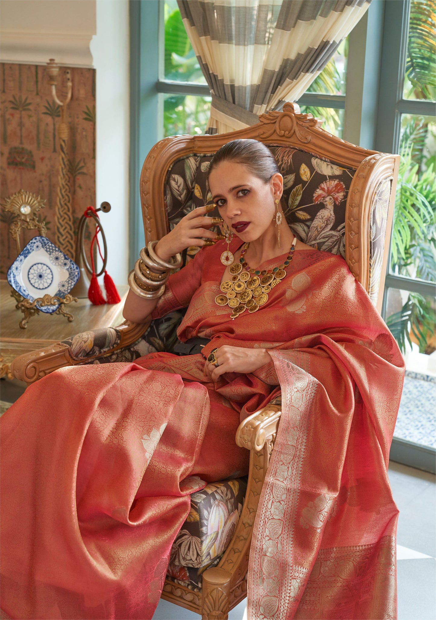 Coral Kalki Orchid Satin Tissue Handloom Saree