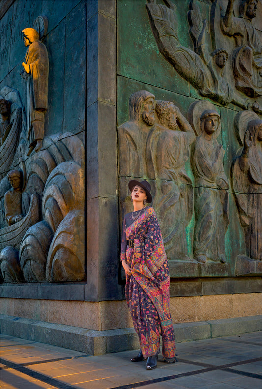 Navy Blue Kashneer Organza Kashmiri Handloom Silk Saree