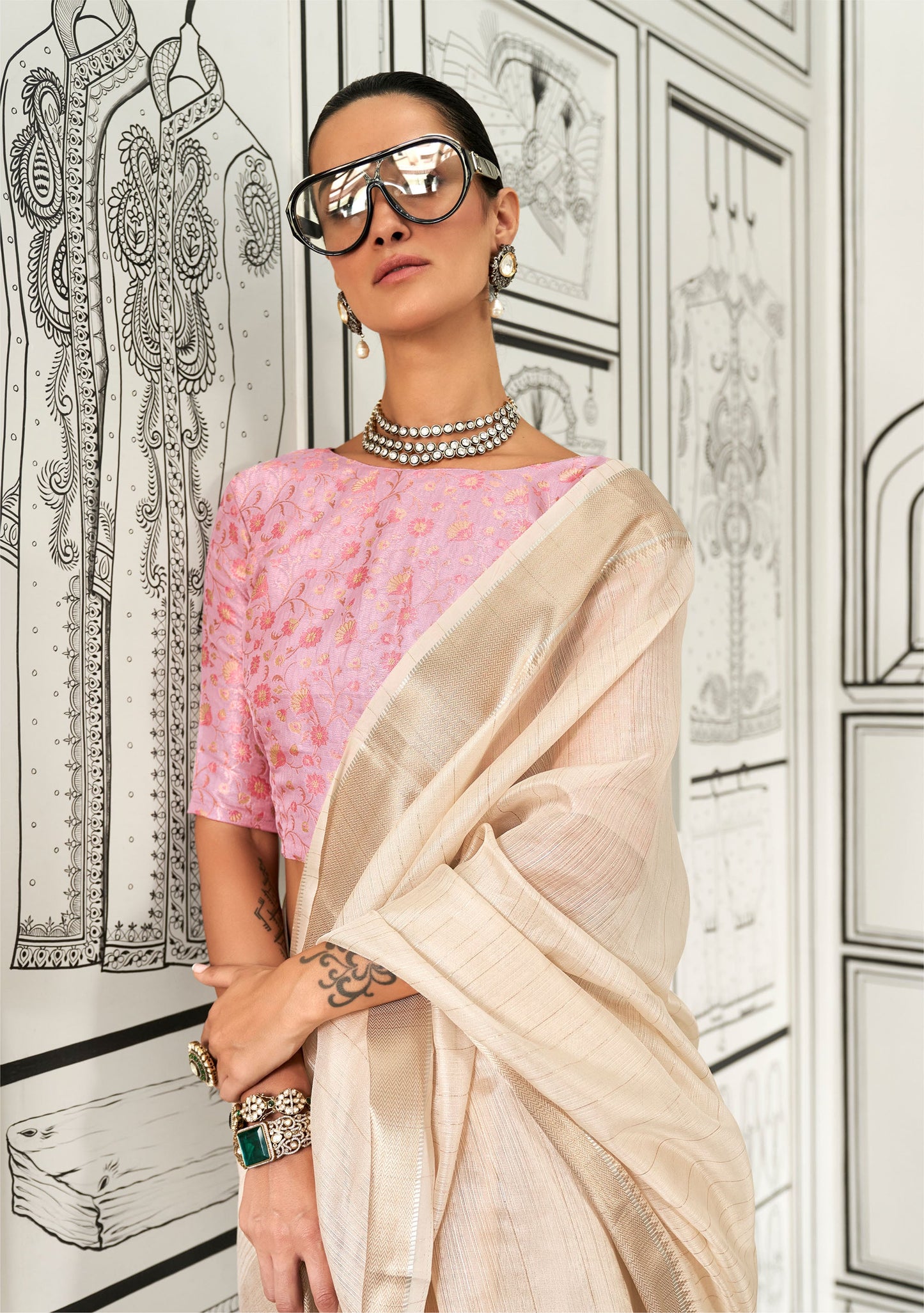 Beige Knoorie Moss Chiffon Handloom Saree