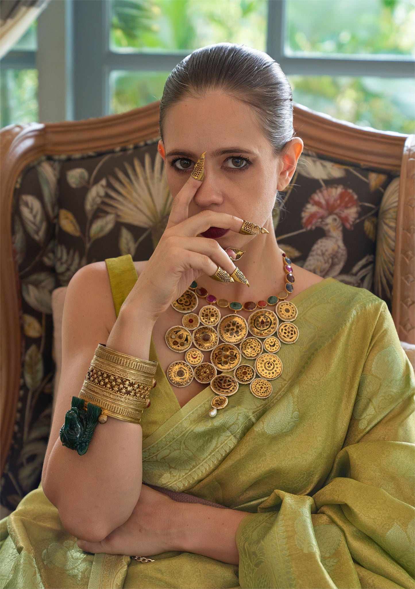 Olive Green Kalki Orchid Satin Tissue Handloom Saree