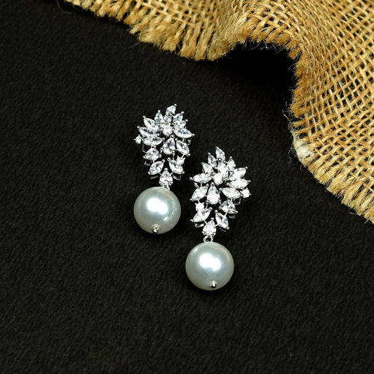 Zevar Club Rhodium-Plated Handcrafted Cubic Zirconia & Pearl Studded Leaf Design Earrings