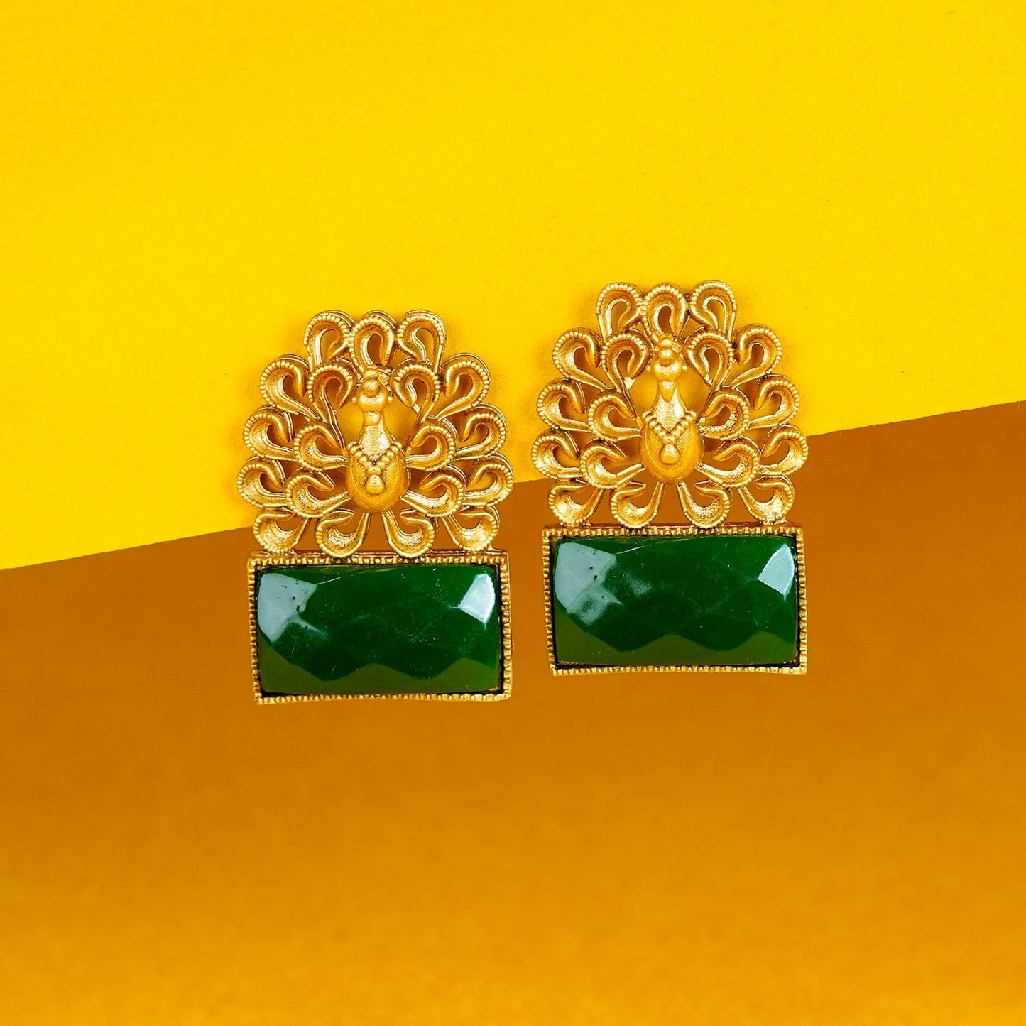 Zevar Club Brass Gold-Toned Statement Peacock Motif Earrings with Emerald Green Rectangular Stones