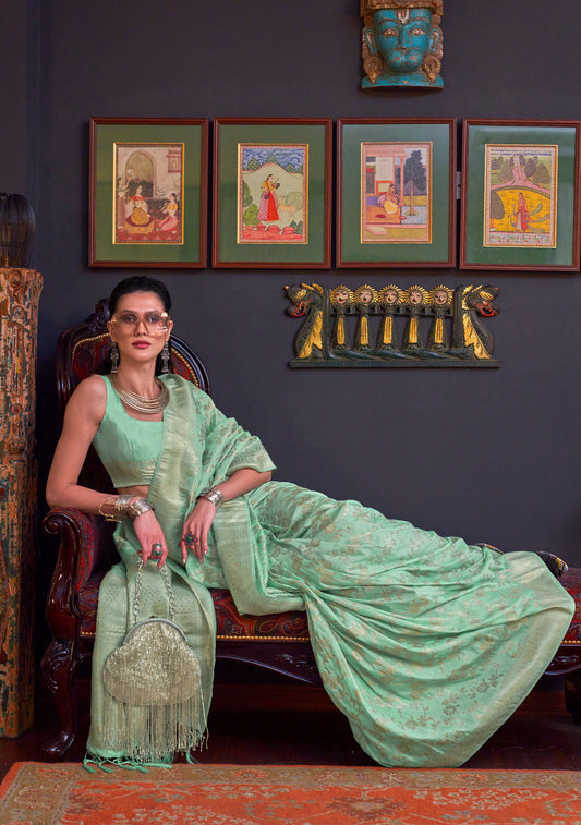 Mint Green Khabutai Pure katan Handloom Silk Saree