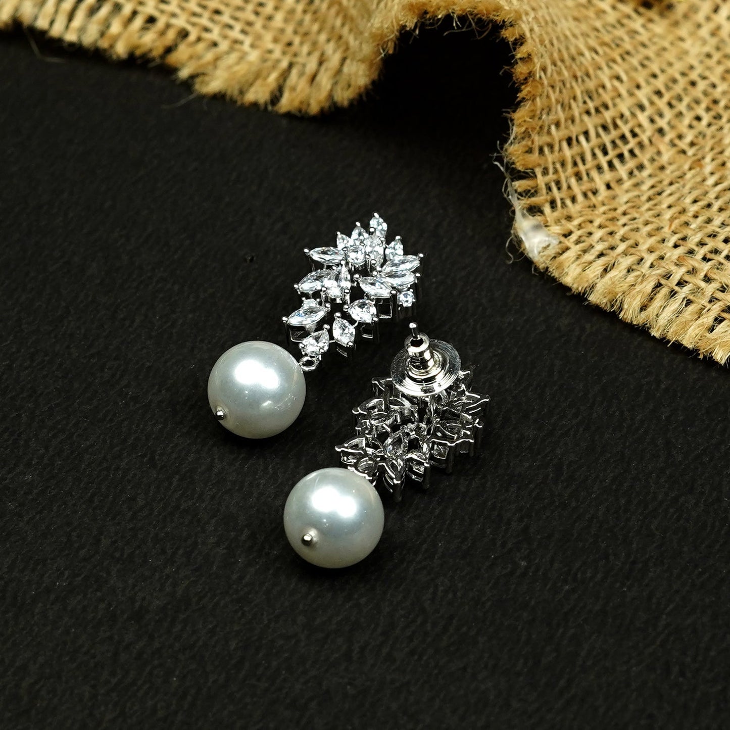 Zevar Club Rhodium-Plated Handcrafted Cubic Zirconia & Pearl Studded Leaf Design Earrings