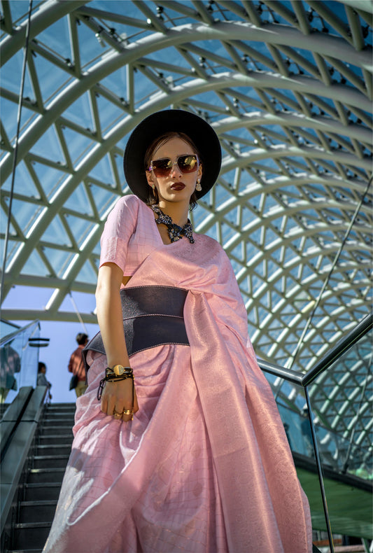 Light Peach Kakuna Katan Silk Handloom Saree