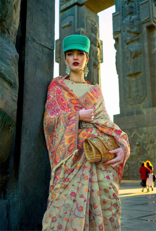 Mint Green Kashneer Organza Kashmiri Handloom Silk Saree