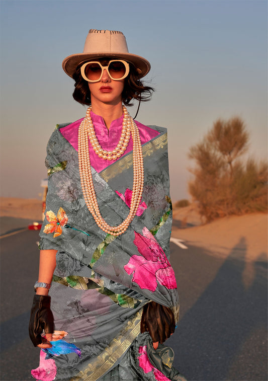 Grey Kikigai Printed Tussar Silk Saree