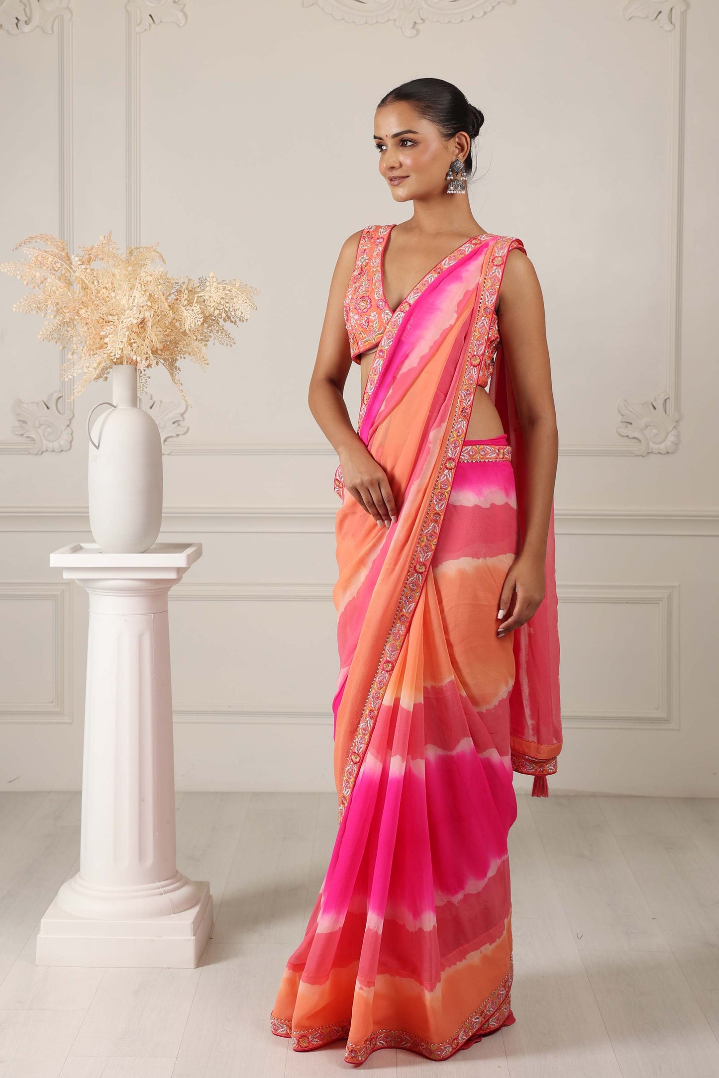 Hastkala Orange Georgette Thread Embroidered saree