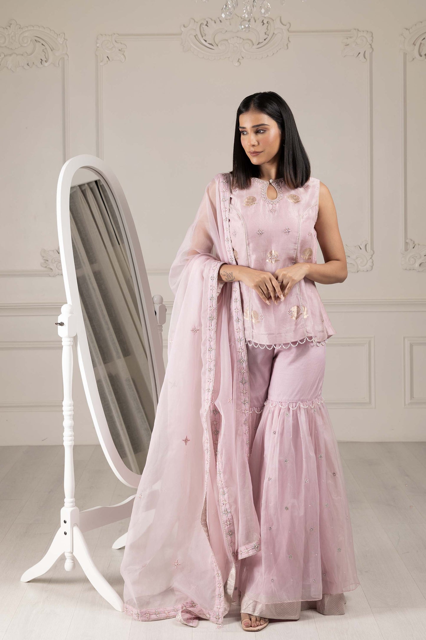 Royalty Lilac Banaras Organza Thread & Pearl Sharara