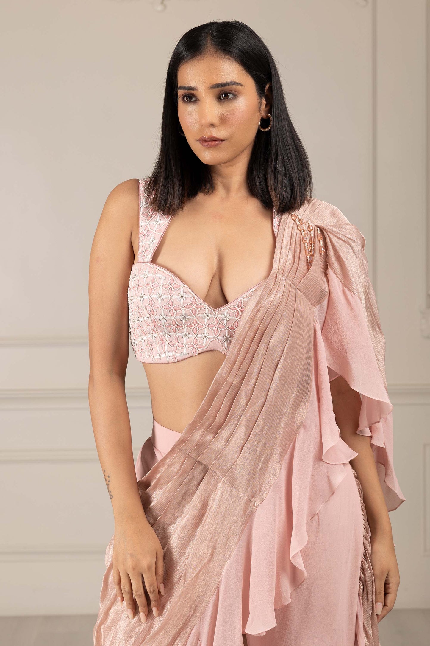 Royalty Peach Georgette Thread & Pearl Drape Saree