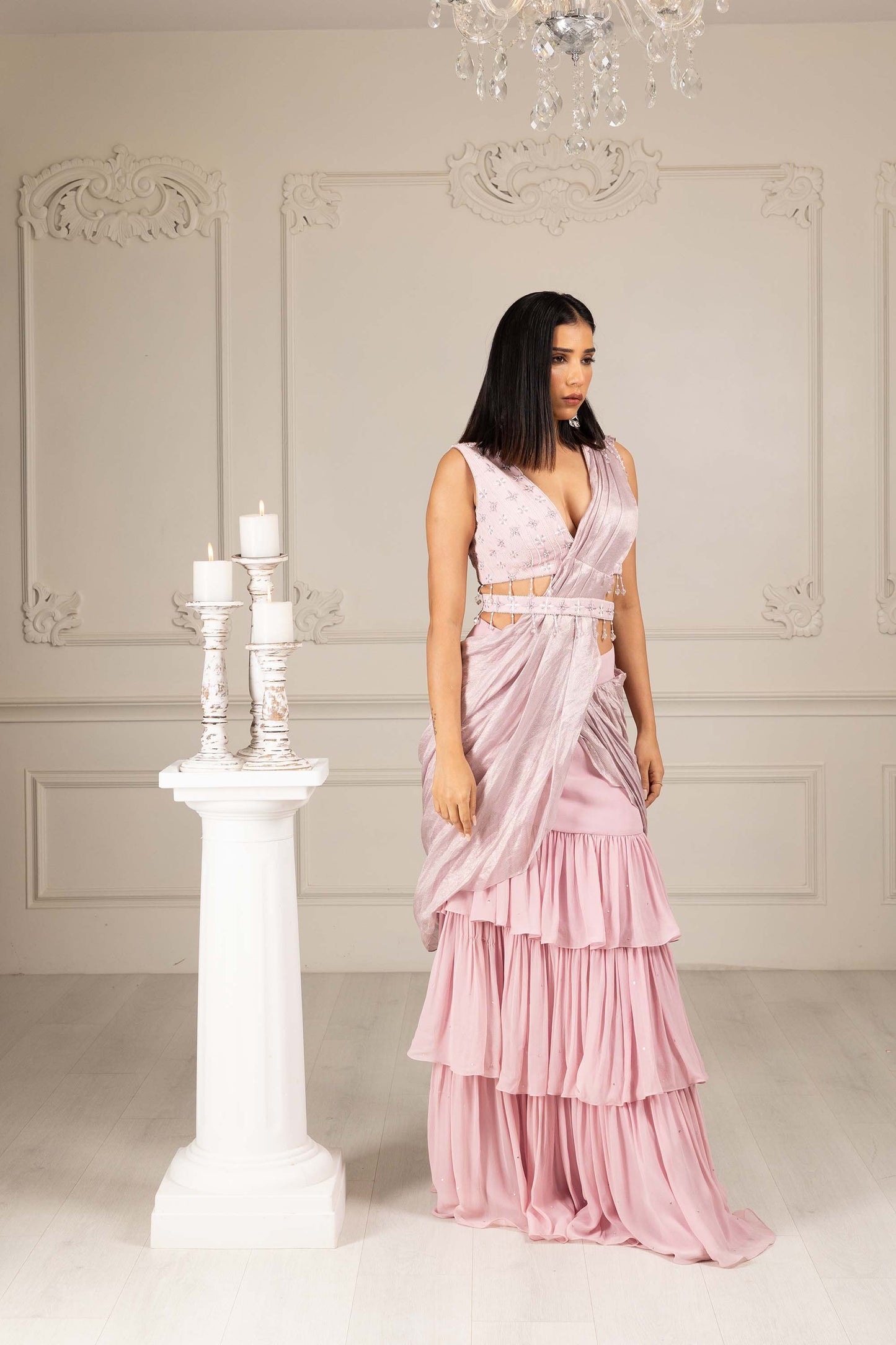 Royalty Peach Georgette Thread & Pearl Embroidered Drape Saree