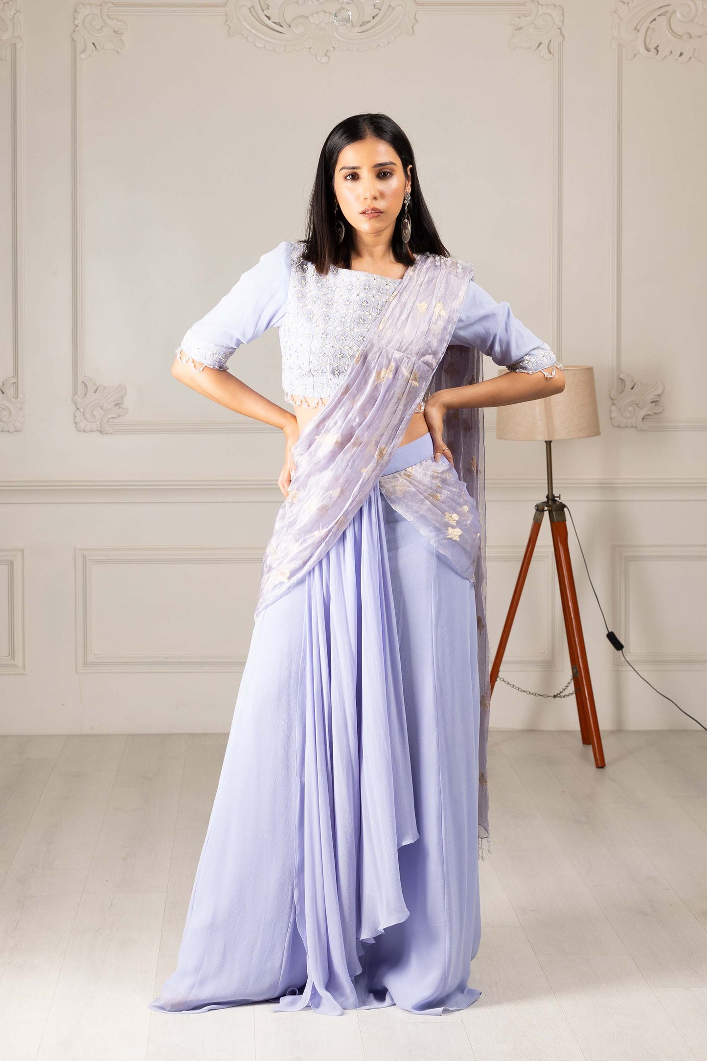 Royalty Sky Blue Georgette Thread & Pearl Drape Saree