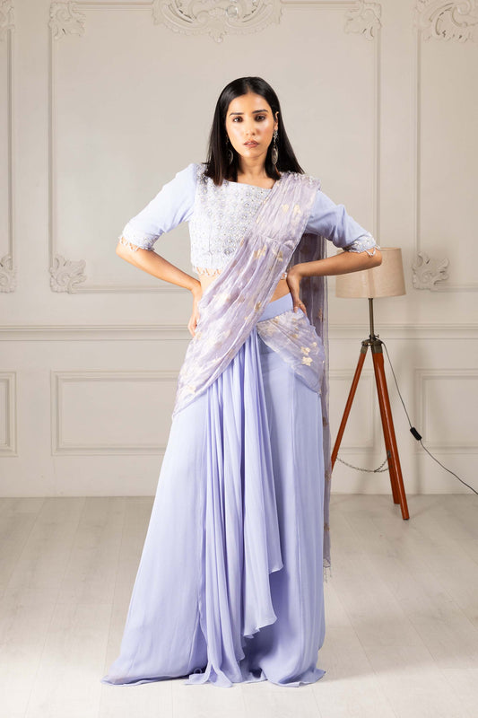 Royalty Sky Blue Georgette Thread & Pearl Drape Saree
