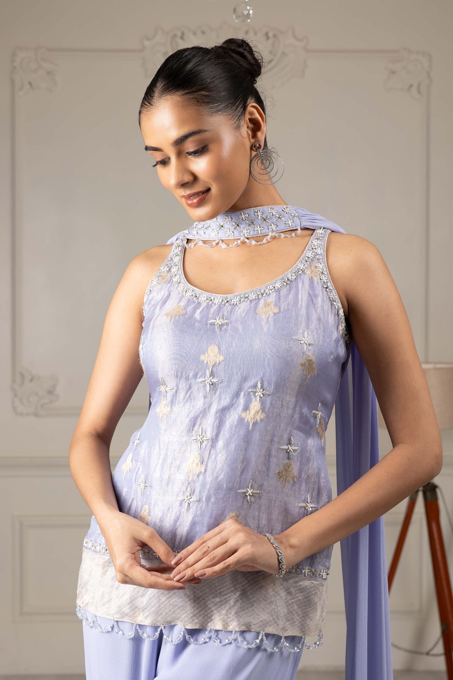 Royalty Sky Blue Banaras Organza Thread & Pearl Bridesmaid Sharara