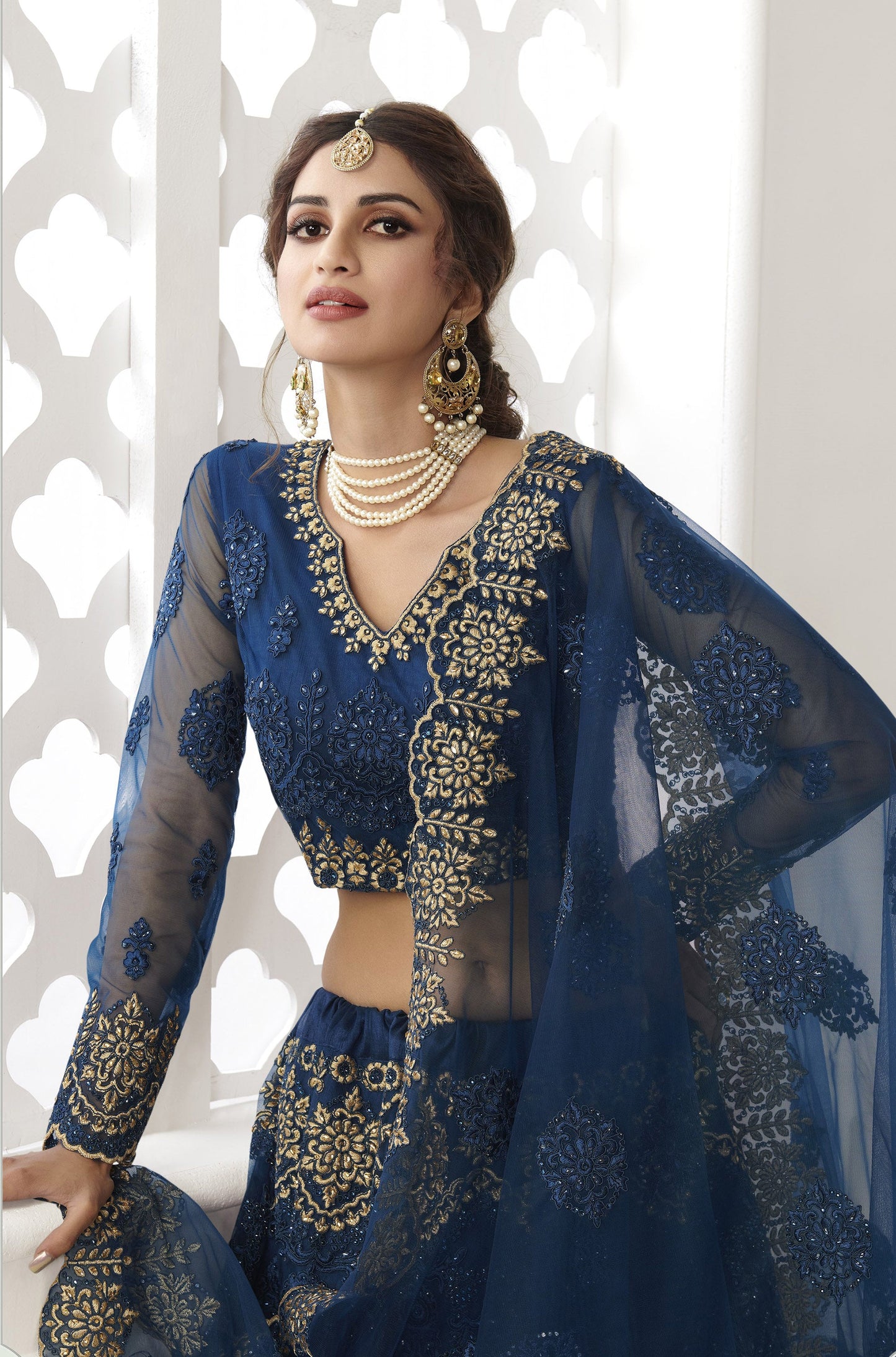 Dark Blue Heavy Embroidery Net Bridesmaid Lehenga