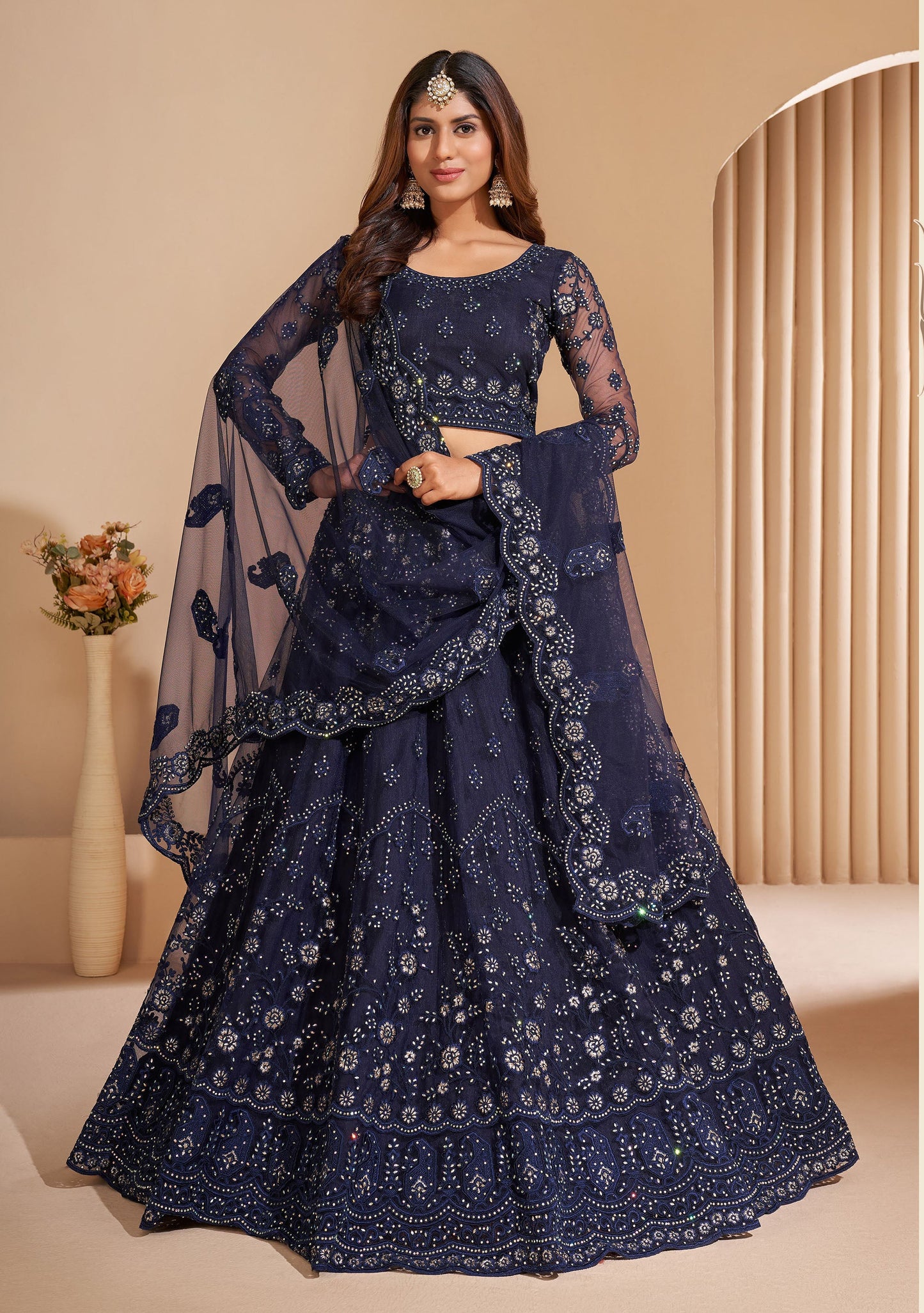 Dark Blue Color Resham Embroidered Net Lehenga