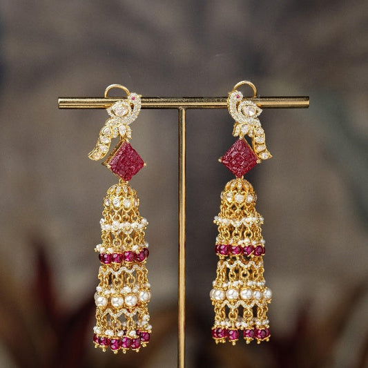 Red and Gold Peacock Zirconia Crystals Silver Earrings