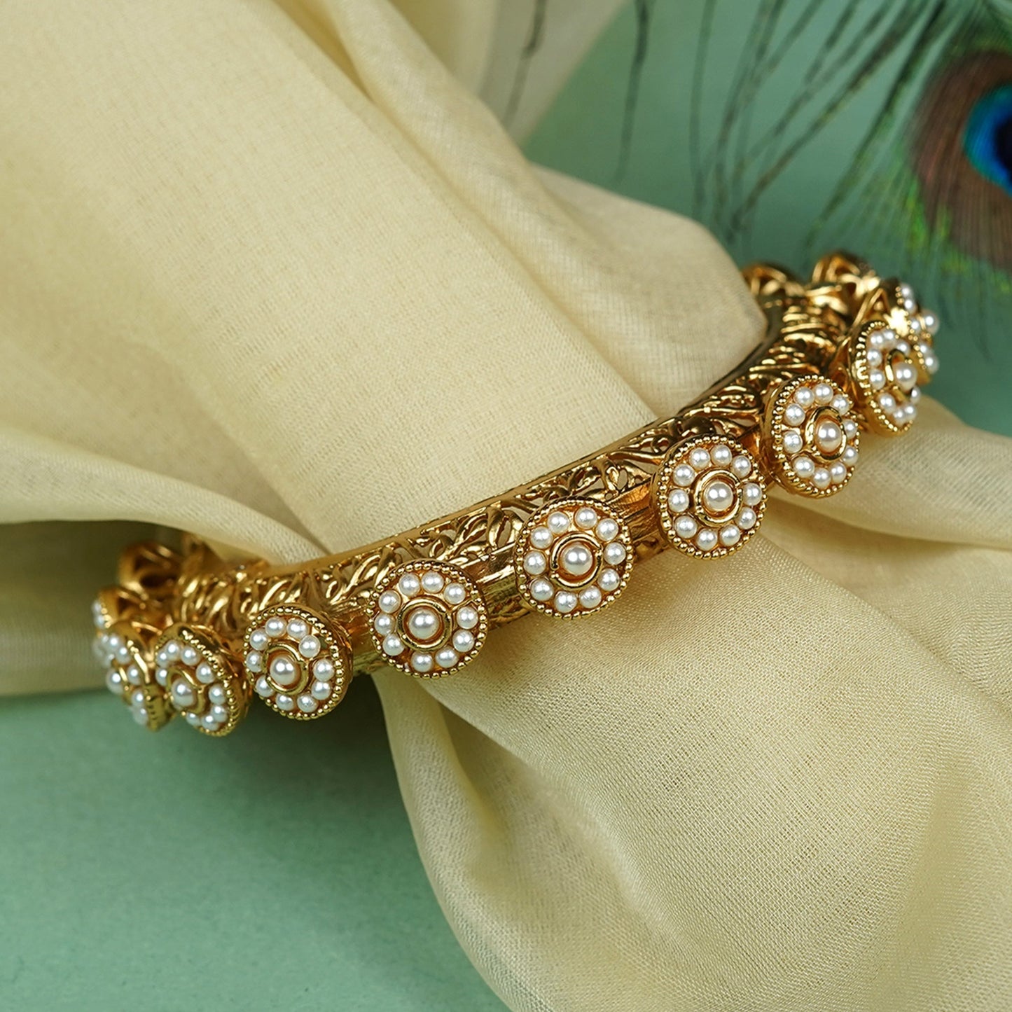 Zevar Club Set of 2 22K Gold-Plated Handcrafted Floral Drop Bangles with White Pearl Accents for Women