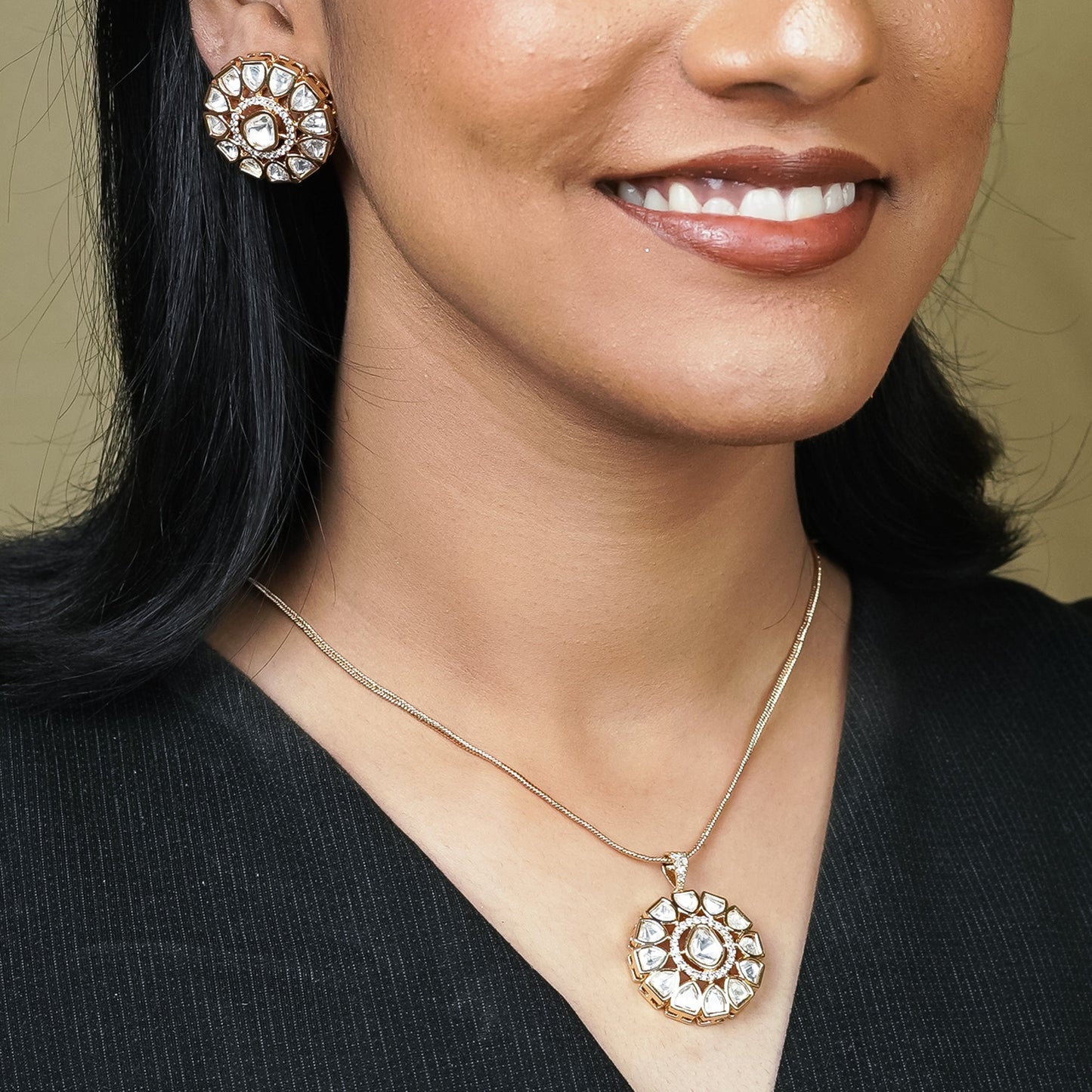 Zevar Club 22K Gold-Plated Uncut Flower Kundan Pendant Set