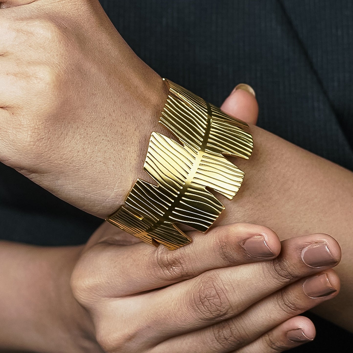 Zevar Club Gold Tone Stainless Steel Tarnish Free Waterproof Leaf-Edged Textured Open Cuff Bracelet for Women