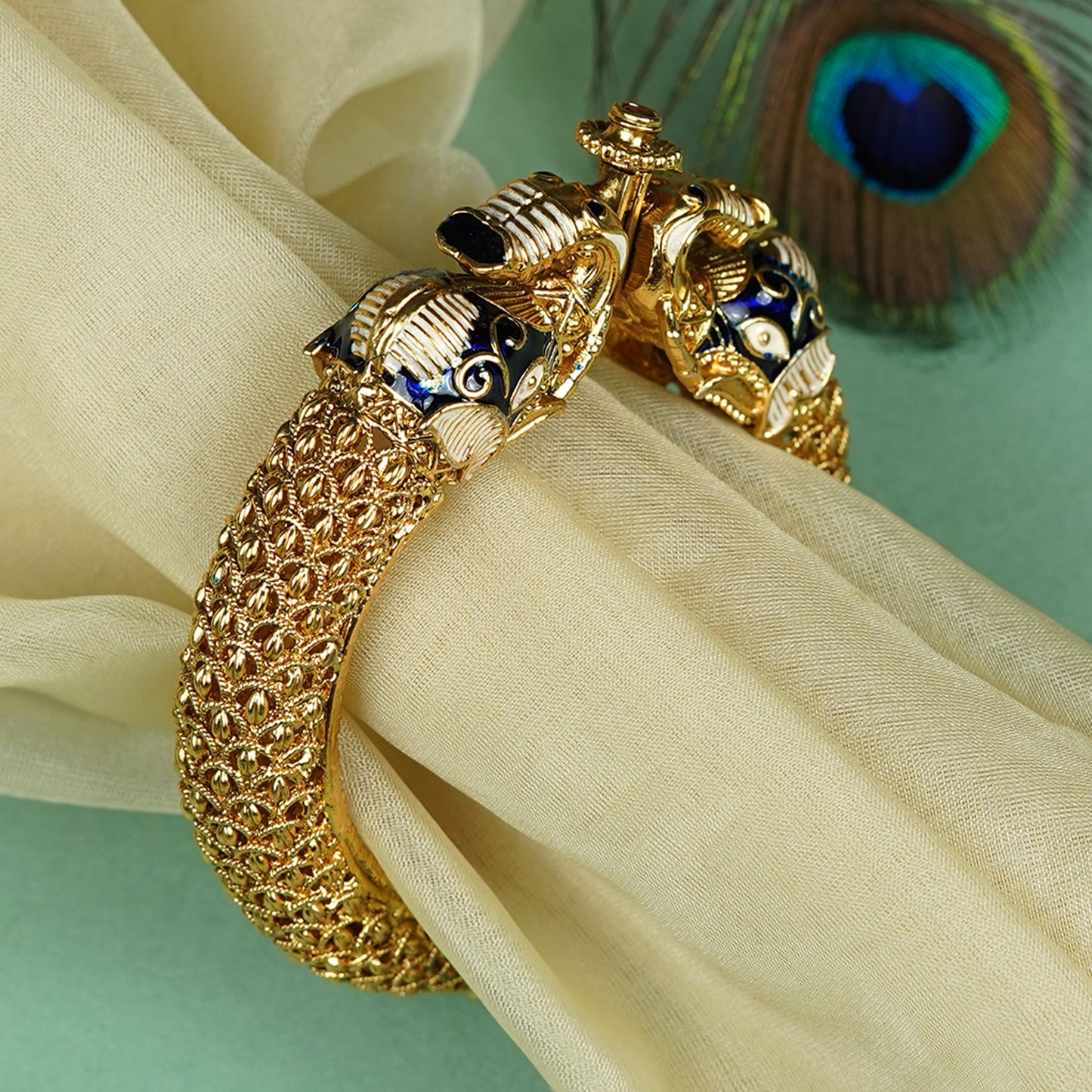 Zevar Club 18K Gold Plated Handcrafted Rajwadi Kada Bracelet with Blue Enamel Elephant Motif for Women