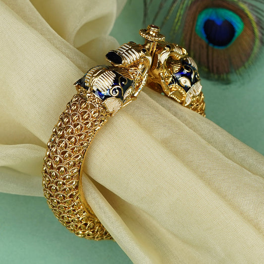 Zevar Club 18K Gold Plated Handcrafted Rajwadi Kada Bracelet with Blue Enamel Elephant Motif for Women