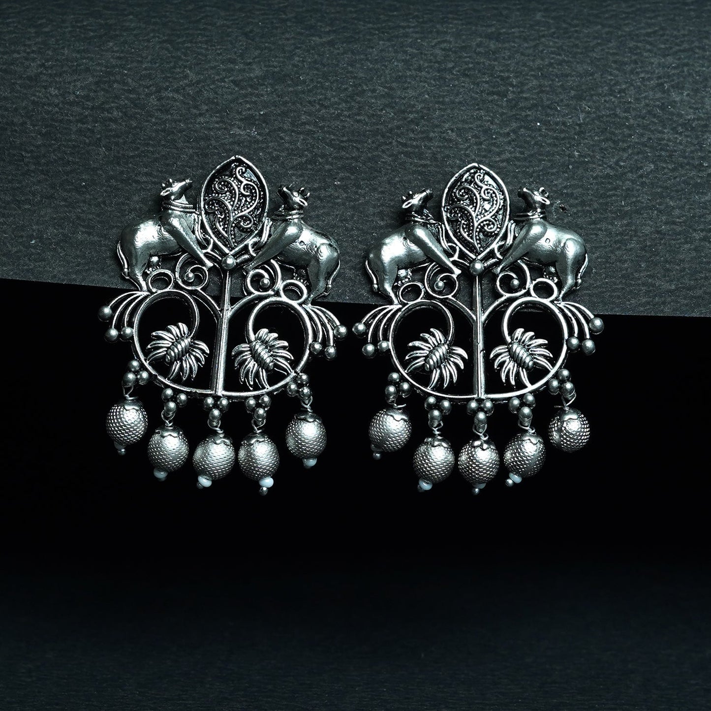 Zevar Club Oxidised Silver-Tone Cow Motif Dangler Earrings with Beads – Antique Statement Jewelry