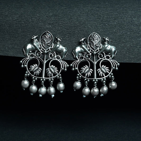 Zevar Club Oxidised Silver-Tone Cow Motif Dangler Earrings with Beads – Antique Statement Jewelry