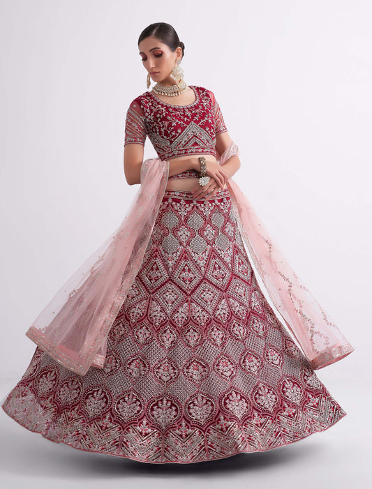 Red Color Embroidered Net Bridal Wear Lehenga Choli