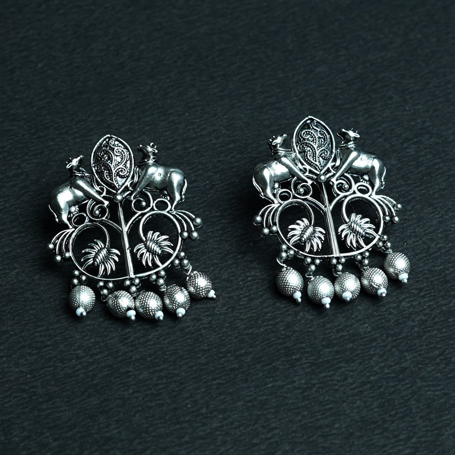 Zevar Club Oxidised Silver-Tone Cow Motif Dangler Earrings with Beads – Antique Statement Jewelry