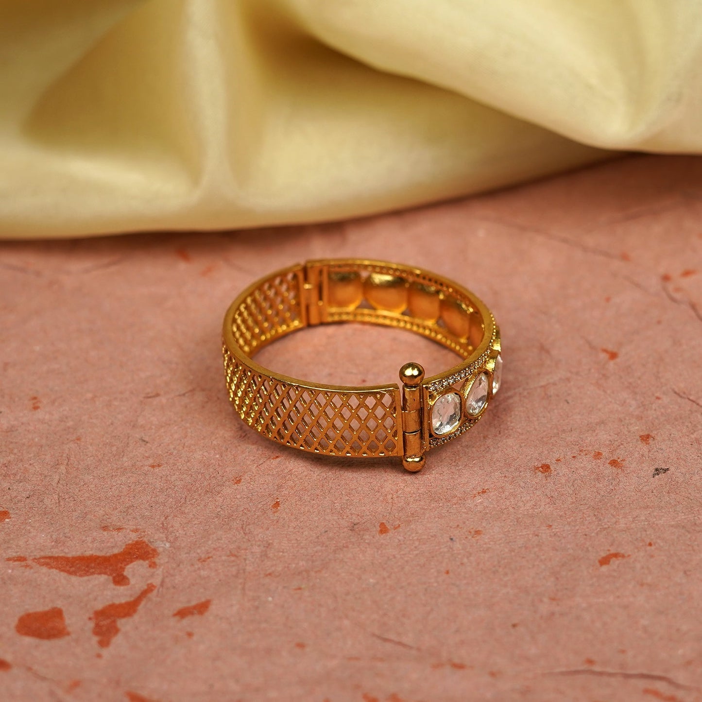 Zevar Club 22K Gold-Plated Handcrafted Kundan & Zirconia Studded Openable Bangle-Style Bracelet with Textured Mesh Design