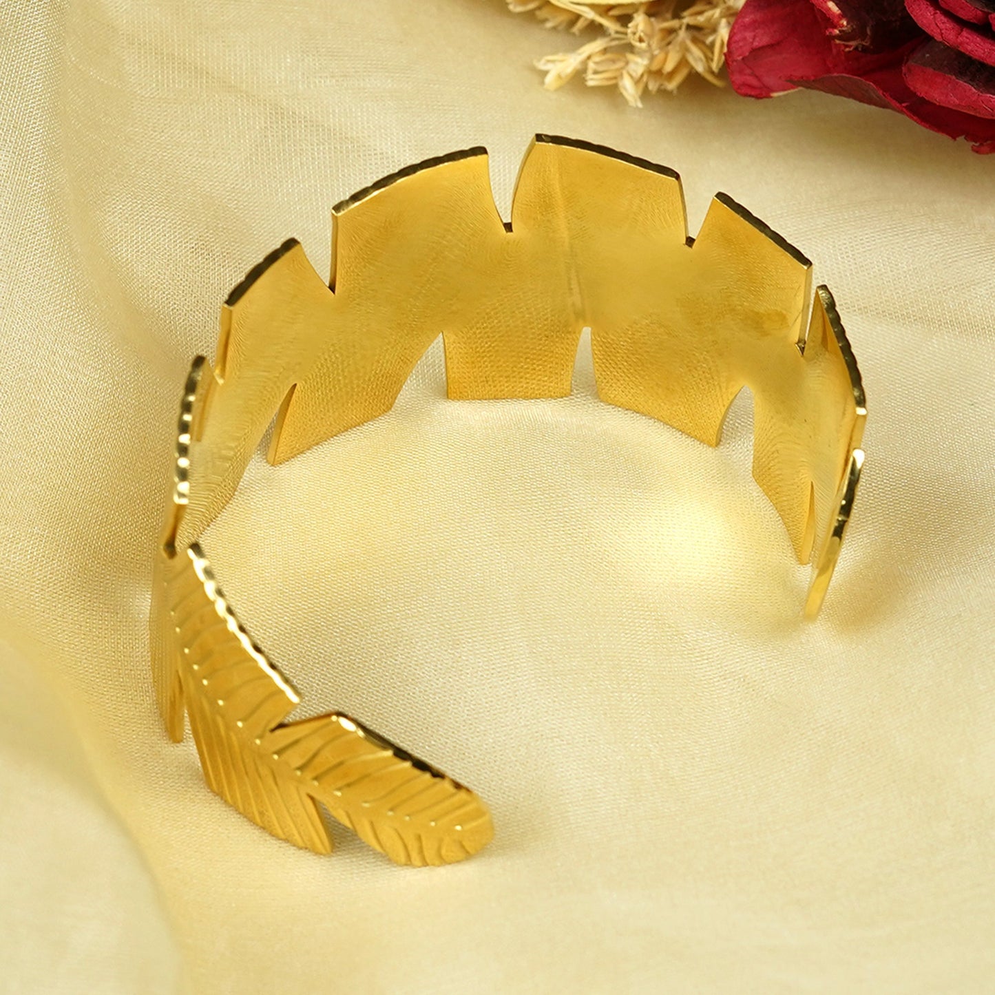 Zevar Club Gold Tone Stainless Steel Tarnish Free Waterproof Leaf-Edged Textured Open Cuff Bracelet for Women