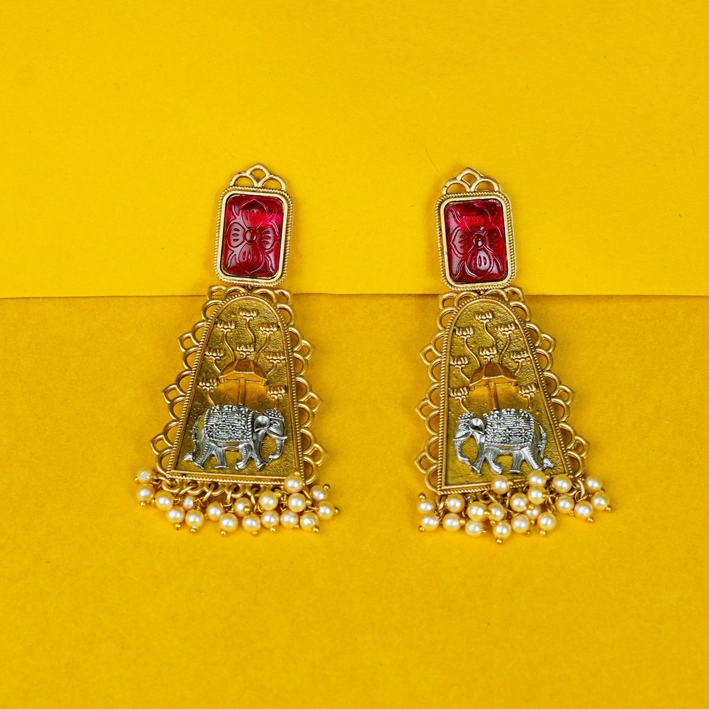 Zevar Club Oxidised Gold & Silver-Toned Elephant Motif Earring with Red Top & Pearls Drops