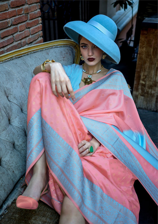 Light Blue Peach Koche Soft Silk Handloom Saree