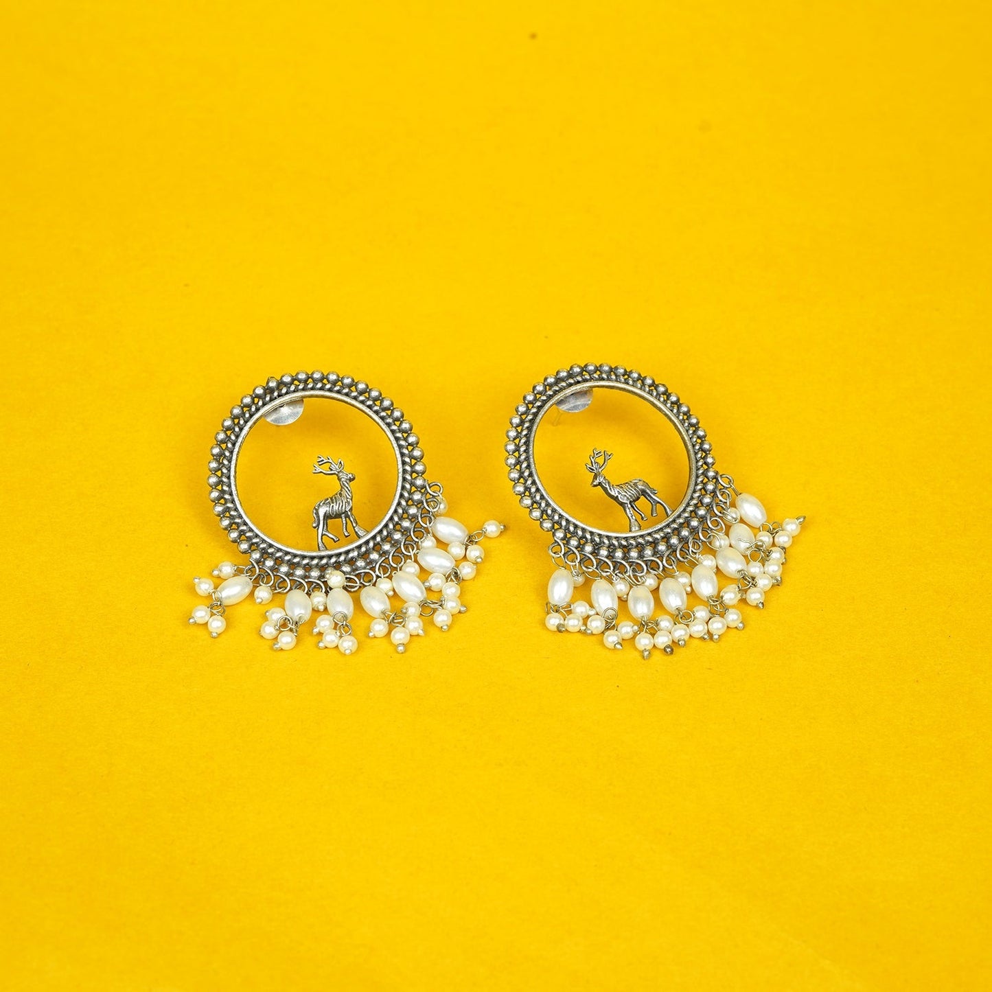 Zevar Club Oxidised Silver-Plated Round Deer Motif Earrings with Pearl Beads