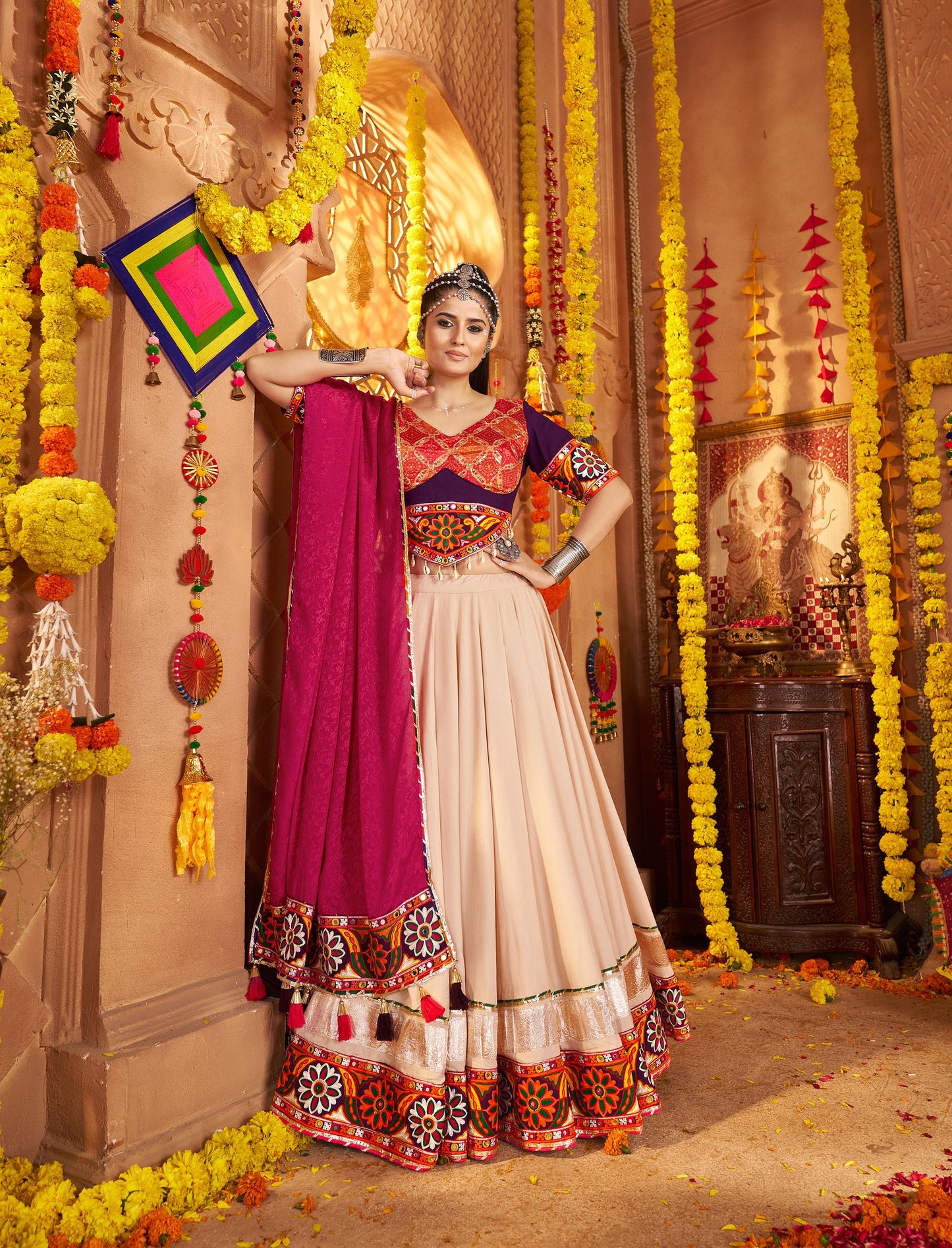 Beige Viscose Rayon Thread & Mirror Embroidery Navratri  Chaniya Choli