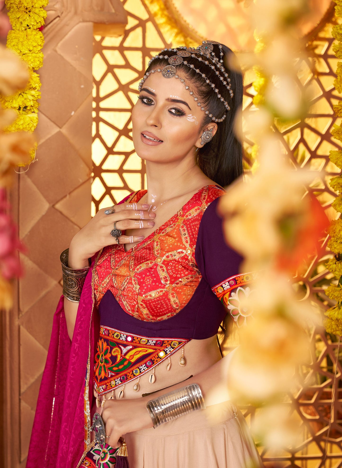 Beige Viscose Rayon Thread & Mirror Embroidery Navratri  Chaniya Choli