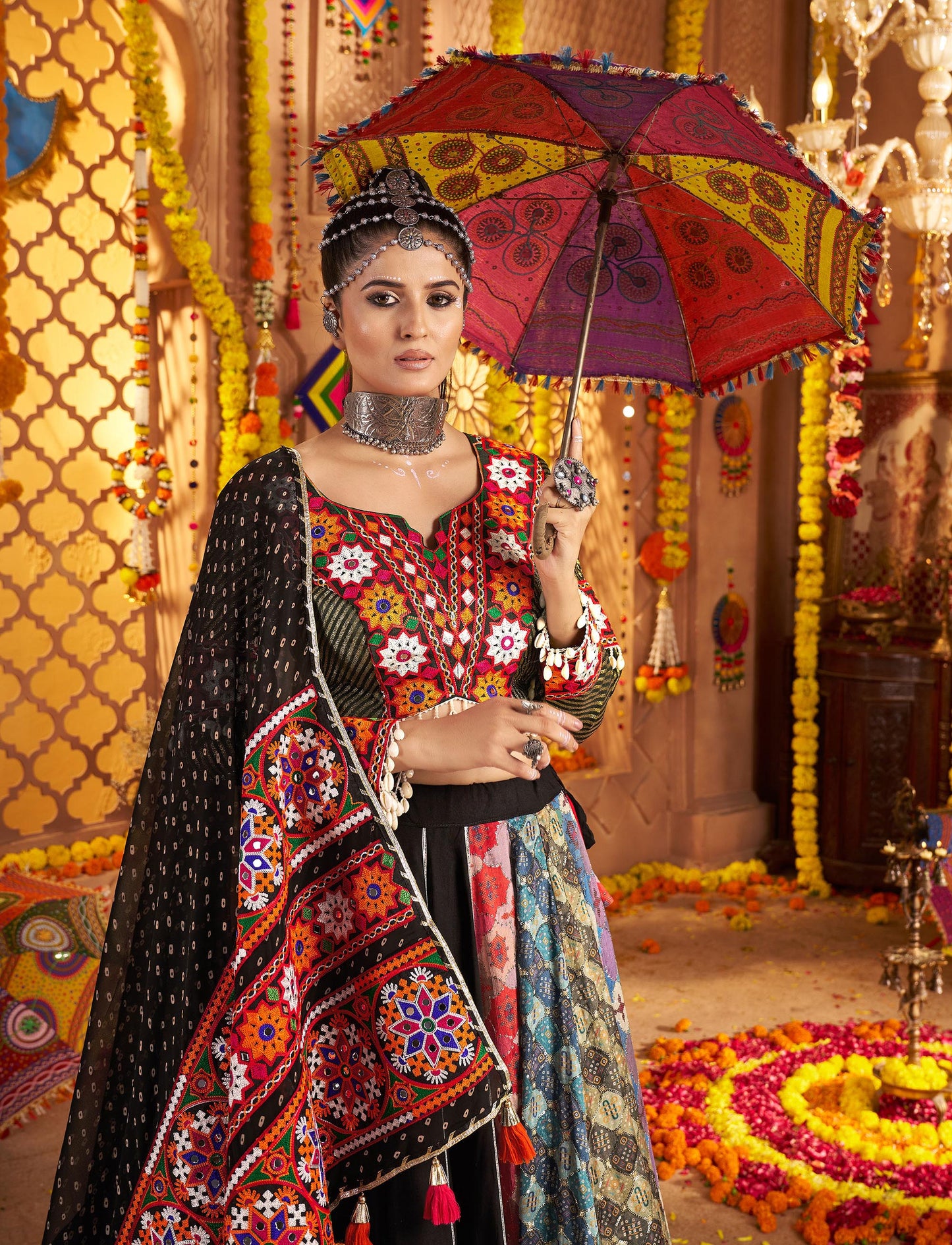 Black Viscose Rayon Thread & Mirror Embroidery Navratri  Chaniya Choli