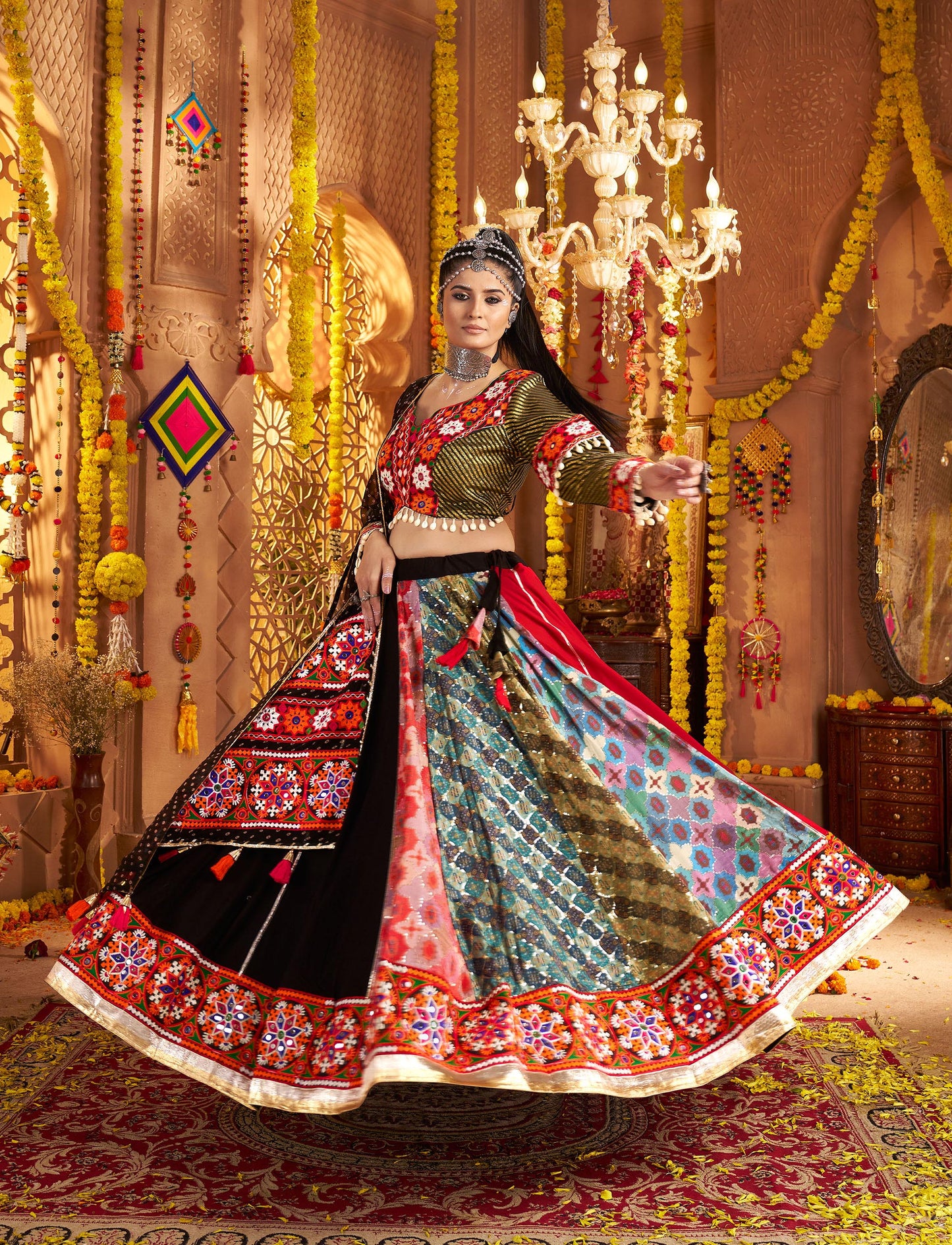 Black Viscose Rayon Thread & Mirror Embroidery Navratri  Chaniya Choli