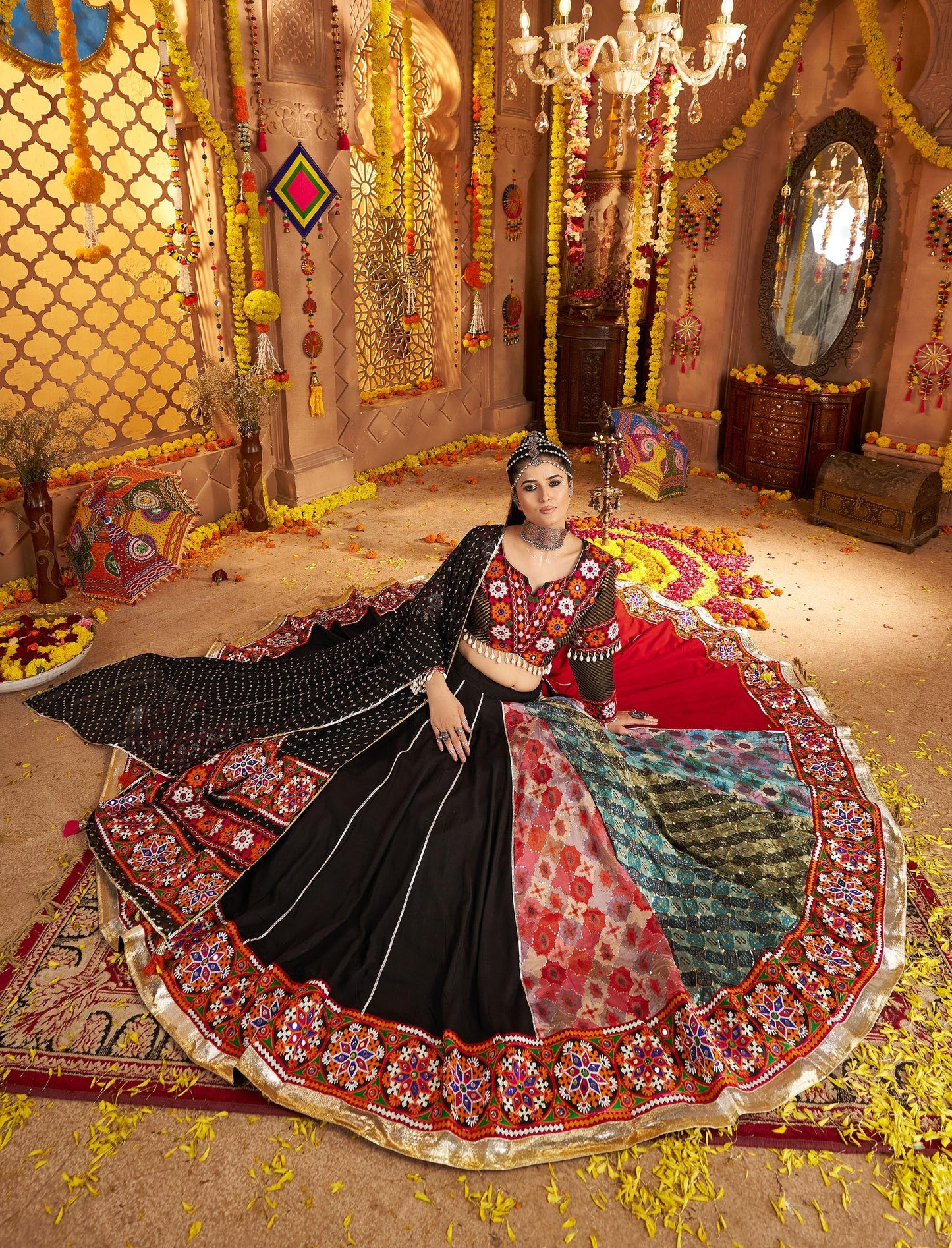 Black Viscose Rayon Thread & Mirror Embroidery Navratri  Chaniya Choli
