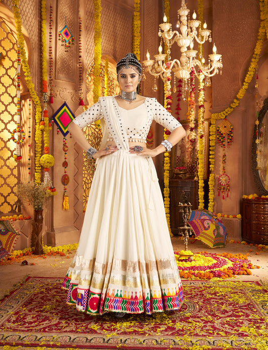 White Viscose Rayon Thread & Mirror Work Navratri  Chaniya Choli