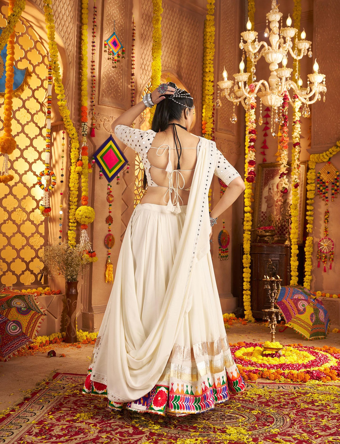 White Viscose Rayon Thread & Mirror Work Navratri  Chaniya Choli