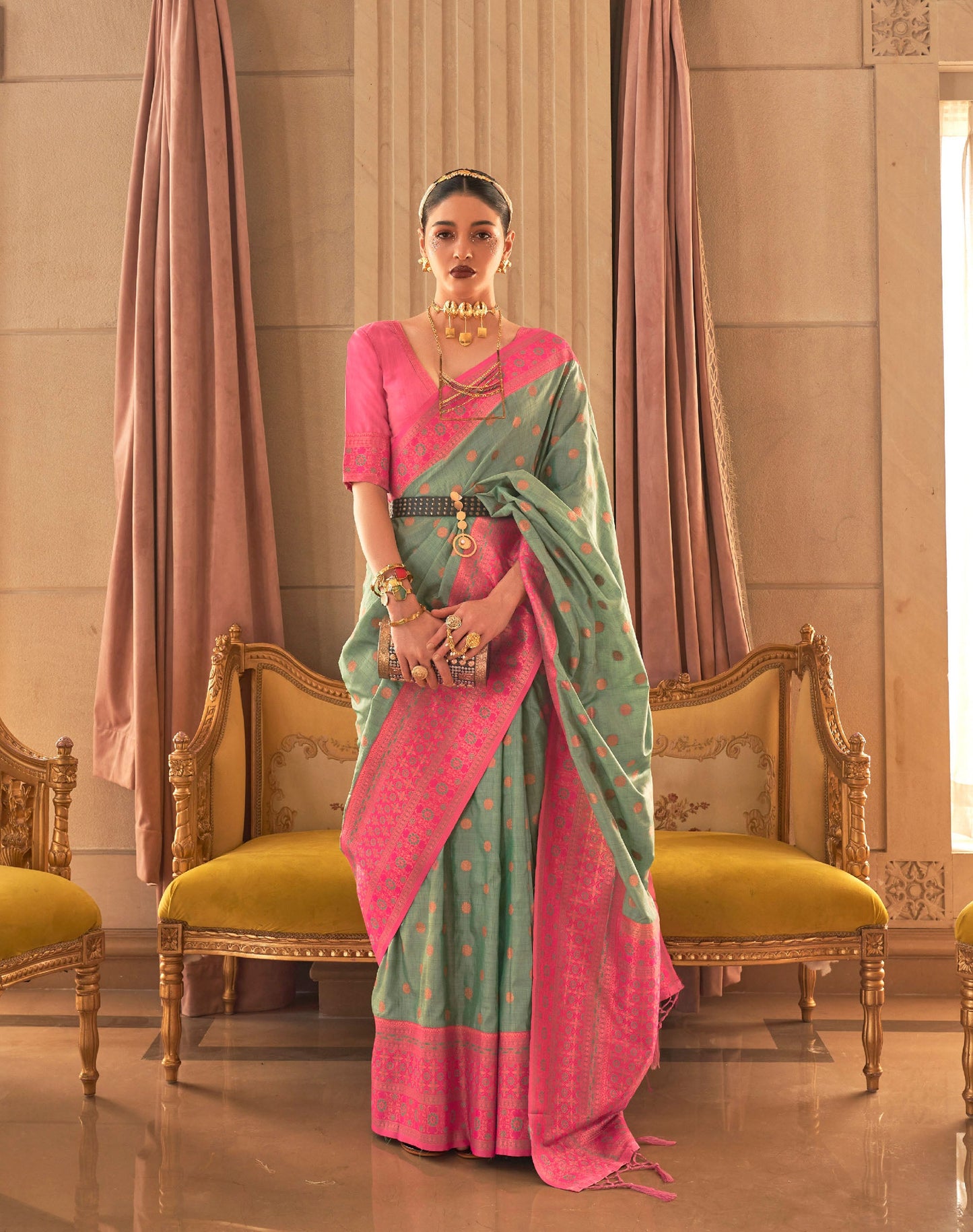 Green Kamsaara Bamboo Copper Zari Handloom Saree